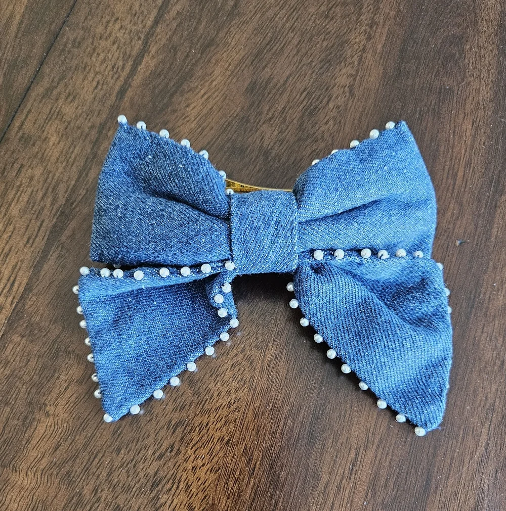 J.Crew Denim Bow Pearl Lined Barrette, Blue/ White